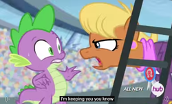 Size: 957x581 | Tagged: safe, edit, edited screencap, screencap, ms. harshwhinny, spike, equestria games (episode), g4, all new, caption, female, hub logo, male, meme, ship:spikewhinny, shipping, slavery, stage fright, straight, stranger danger, youtube caption