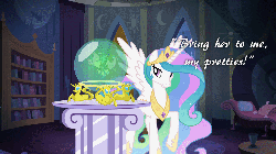 Size: 960x540 | Tagged: safe, fluttershy, princess celestia, alicorn, pegasus, pony, g4, magic duel, animated, bunny ears, castle of the royal pony sisters, clothes, crystal ball, dangerous mission outfit, female, goggles, hoodie, mare, the wizard of oz
