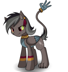 Size: 590x626 | Tagged: safe, artist:hikariviny, oc, oc only, oc:yaocihuatl, hybrid, pegasus, pony, bodypaint, interspecies offspring, necklace, offspring, parent:ahuizotl, parent:daring do, parents:darizotl, piercing, simple background, smiling, smirk, solo, tail hand, white background