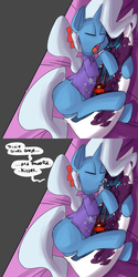 Size: 1280x2560 | Tagged: safe, artist:fauxsquared, princess luna, trixie, pony, unicorn, luna-afterdark, trixie is magic, g4, 2 panel comic, alternate hairstyle, body pillow, clothes, comic, female, horn, kissing, mare, nightgown, open mouth, ponytail, shirt, sleep talking, sleeping, snoring, solo