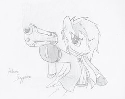 Size: 1002x798 | Tagged: safe, artist:kenfkol, oc, oc only, oc:sapphire sights, pegasus, pony, beretta, clothes, gun, monochrome, pistol, solo, suit