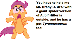 Size: 464x250 | Tagged: safe, scootaloo, dinosaur, spider, tyrannosaurus rex, g4, adolf hitler, bad trip, bloodshot eyes, bronybait, drugs, female, hallucination, high, implied weed, mr. brony, scared, solo, text, wat