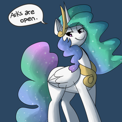 Size: 1280x1280 | Tagged: safe, artist:fauxsquared, princess celestia, tumblr:it's always sunny in canterlot, g4, ask, dialogue, female, smirk, solo, speech bubble, standing, tumblr