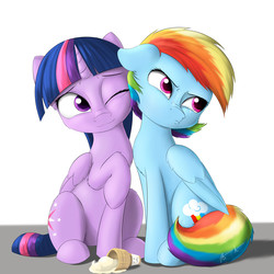 Size: 2400x2400 | Tagged: safe, artist:captainpudgemuffin, rainbow dash, twilight sparkle, alicorn, pony, g4, comforting, cute, duo, female, high res, ice cream, mare, nuzzling, teardrop, twilight sparkle (alicorn)