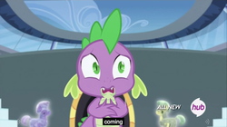 Size: 1280x719 | Tagged: safe, screencap, spike, crystal pony, pony, equestria games (episode), g4, crystal guard, crystal guard armor, equestria games, hub logo, meme, outdoors, stadium, youtube caption