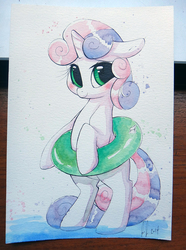 Size: 800x1076 | Tagged: safe, artist:prettypinkpony, sweetie belle, pony, g4, bipedal, cute, diasweetes, female, floaty, inner tube, photo, solo, traditional art, watercolor painting