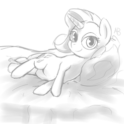 Size: 3000x3000 | Tagged: safe, artist:ab, rarity, g4, bed, female, high res, monochrome, solo