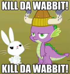 Size: 542x575 | Tagged: safe, angel bunny, spike, g4, image macro, looney tunes, meme, what's opera doc