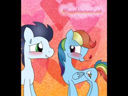 Size: 1024x768 | Tagged: safe, artist:sapphirearts0123, rainbow dash, soarin', g4, blushing, female, heart, male, nervous, ship:soarindash, shipping, smiling, straight, sweat