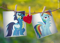 Size: 1024x730 | Tagged: safe, artist:rainbowdangerdashie, rainbow dash, soarin', g4, clothes line, clothespin, female, heart, male, photo, ship:soarindash, shipping, straight