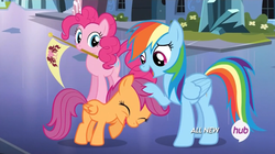 Size: 800x449 | Tagged: safe, screencap, pinkie pie, rainbow dash, scootaloo, earth pony, pegasus, pony, equestria games (episode), g4, crystal empire, cute, cutealoo, eyes closed, female, filly, flag, hub logo, mare, mouth hold, noogie, open mouth, raised hoof, scootalove, smiling