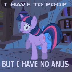 Size: 500x500 | Tagged: safe, edit, edited screencap, screencap, twilight sparkle, pony, unicorn, g4, animated, caption, female, i have no mouth and i must scream, image macro, mare, meme, need to pee, need to poop, potty dance, potty time, solo, worried