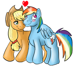 Size: 657x596 | Tagged: safe, artist:the-wolfen, applejack, rainbow dash, g4, blushing, female, heart, lesbian, ship:appledash, shipping