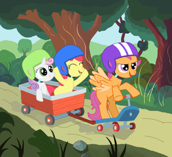 Size: 2710x2470 | Tagged: safe, artist:corina93, apple bloom, scootaloo, sweetie belle, g4, cutie mark crusaders, high res, scooter, wagon