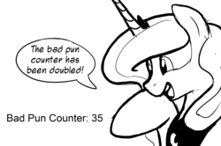 Size: 2000x1327 | Tagged: safe, artist:darkflame75, princess luna, g4, bad pun counter, kallisti, monochrome, pun, solo