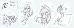 Size: 900x342 | Tagged: safe, artist:karidyas, applejack, discord, fluttershy, twilight sparkle, g4, monochrome, sketch