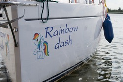 Size: 500x333 | Tagged: source needed, safe, rainbow dash, g4, boat, decal, irl, shipping, water