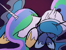 Size: 2000x1511 | Tagged: safe, artist:darkflame75, princess celestia, princess luna, g4, cuddling, cute, eyes closed, kallisti, prone, sleeping, snuggling