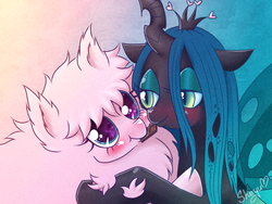 Size: 1600x1200 | Tagged: safe, artist:nyako-shoyu, queen chrysalis, oc, oc:fluffle puff, changeling, changeling queen, pony, g4, blushing, chocolate, duo, female, lesbian, looking at each other, ship:chrysipuff, shipping