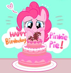 Size: 1140x1180 | Tagged: safe, artist:dyql11, pinkie pie, g4, birthday, blushing, cake, cute, diapinkes, female, floating heart, happy birthday, heart, pinkie pie's birthday, pixiv, solo