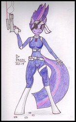 Size: 620x996 | Tagged: safe, artist:drpain, twilight sparkle, anthro, unguligrade anthro, g4, comics, crossover, female, future twilight, gun, marvel, nick fury, s.h.i.e.l.d., solo