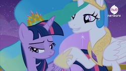 Size: 1312x739 | Tagged: safe, screencap, princess celestia, twilight sparkle, alicorn, pony, g4, season 4, twilight's kingdom, female, hub logo, mare, twilight sparkle (alicorn)