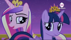 Size: 768x431 | Tagged: safe, screencap, princess cadance, twilight sparkle, alicorn, pony, g4, season 4, twilight's kingdom, duo, duo female, female, hub logo, lidded eyes, mare, singing, sisters-in-law, twilight sparkle (alicorn)