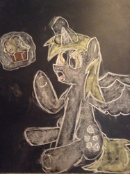 Size: 956x1280 | Tagged: safe, artist:thechalkponies, derpy hooves, alicorn, pony, g4, chalk drawing, female, kallisti, muffin, solo, traditional art