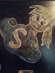 Size: 956x1280 | Tagged: safe, artist:thechalkponies, derpy hooves, pegasus, pony, g4, chalk drawing, eating, female, kallisti, mare, skype, solo, traditional art