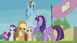 Size: 832x468 | Tagged: safe, screencap, applejack, bon bon, carrot top, cotton cloudy, fluttershy, golden harvest, pinkie pie, rainbow dash, rarity, spike, sweetie drops, twilight sparkle, wensley, alicorn, dragon, earth pony, pegasus, pony, unicorn, g4, season 4, trade ya!, animated, autograph, behaving like a dog, blinking, book, cart, climbing, concession stand, cotton cloudy reveals, cottonbetes, cute, excited, eyes closed, female, filly, floating, flying, foal, folder, frown, grin, horseshoes, magic, mane seven, mane six, mare, mouth hold, perch, photo, quill, raised eyebrow, shake, sigh, smiling, squee, surprised, tail wag, telekinesis, tent, tree, twilight sparkle (alicorn), wide eyes