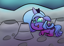 Size: 1400x1000 | Tagged: safe, artist:captain64, princess luna, g4, female, filly, floppy ears, happy, kallisti, moon, open mouth, prone, sandcastle, smiling, solo, woona