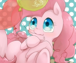 Size: 1200x1000 | Tagged: safe, artist:ashitaka_kiyu, pinkie pie, earth pony, pony, g4, balloon, cute, diapinkes, female, mare, mouth hold, on back, pixiv, solo