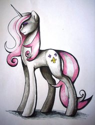 Size: 1280x1681 | Tagged: safe, artist:art-surgery, fleur-de-lis, pony, unicorn, g4, concave belly, female, horn, long legs, mare, slender, solo, tall, thin, traditional art