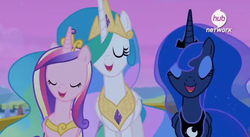 Size: 632x346 | Tagged: safe, screencap, princess cadance, princess celestia, princess luna, g4, my little pony: friendship is magic, season 4, twilight's kingdom, alicorn triarchy, hub logo, singing, trio