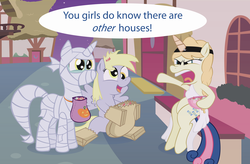 Size: 2826x1859 | Tagged: safe, artist:t-3000, bon bon, derpy hooves, sweetie drops, pegasus, pony, g4, bon bon is not amused, clothes, costume, female, halloween, mare, mummy, nightmare night, paper bag, tara strong