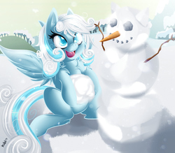 Size: 1200x1050 | Tagged: safe, artist:knifeh, oc, oc only, oc:snowdrop, pegasus, pony, carrot, kallisti, pegasus oc, snow, snowman, snowpony, solo