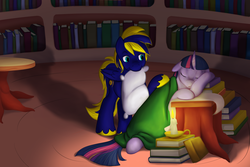 Size: 3000x2000 | Tagged: safe, artist:zephyr093, twilight sparkle, oc, oc:zephyr, alicorn, pony, g4, :o, blanket, book, candle, canon x oc, duo, eyes closed, female, floppy ears, golden oaks library, high res, lighting, male, mare, mouth hold, pillow, shadow, sleeping, sleepy, smiling, straight, twilight sparkle (alicorn), twiphyr