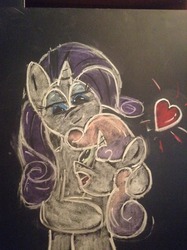 Size: 956x1280 | Tagged: safe, artist:thechalkponies, rarity, sweetie belle, g4, chalk art, chalk drawing, hug, kallisti, traditional art