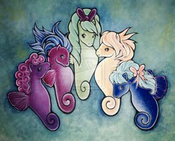 Size: 1024x823 | Tagged: safe, artist:naturallytalented, sea pony, g1, fins, flowing mane, looking at each other, looking at someone, ocean, ribbon, scales, smiling, smiling at each other, swimming, traditional art, underwater, water