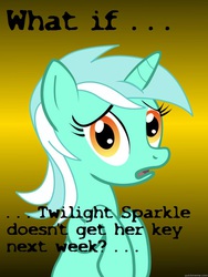 Size: 625x833 | Tagged: safe, lyra heartstrings, twilight sparkle, g4, my little pony: friendship is magic, twilight's kingdom, conspiracy lyra, exploitable meme, female, key, meme, solo