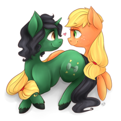 Size: 900x900 | Tagged: safe, artist:grandifloru, applejack, oc, oc:steadfast, earth pony, pony, unicorn, g4, canon x oc, duo, female, heart, male, shipping, simple background, straight, transparent background