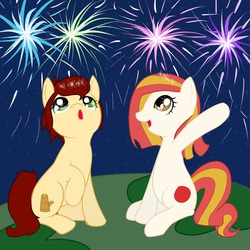 Size: 1280x1280 | Tagged: safe, artist:ikasama, oc, oc only, oc:canni soda, oc:poniko, fireworks, hanabi, kallisti, mascot