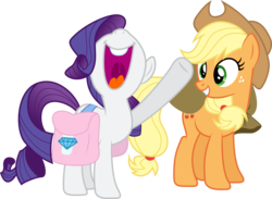 Size: 11251x8232 | Tagged: safe, artist:djdavid98, artist:uxyd, applejack, rarity, earth pony, pony, unicorn, g4, trade ya!, absurd resolution, bag, big smile, duo, group, nose in the air, saddle bag, simple background, transparent background, vector