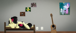 Size: 3000x1304 | Tagged: safe, artist:allyster-black, diamond tiara, silver spoon, oc, oc only, oc:sam, g4, bed, eyes closed, guitar, mane, poster, sleeping, solo