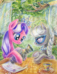 Size: 700x906 | Tagged: safe, artist:maytee, diamond tiara, silver spoon, g4, glasses, scenery, traditional art