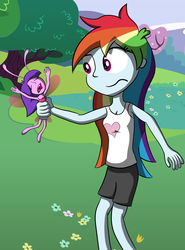 Size: 1280x1732 | Tagged: safe, artist:liggliluff, rainbow dash, oc, oc:skyberry cheesecake, breezie, fairy, equestria girls, g4, antennae, antennaed humanization, cleavage, clothes, female, humanized, shorts, skirt, tank top, winged humanization