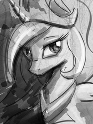 Size: 900x1200 | Tagged: safe, artist:ruby, princess celestia, g4, female, monochrome, solo