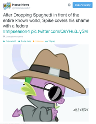 Size: 601x772 | Tagged: safe, spike, equestria games (episode), g4, /mlp/, fedora shaming, horse news, spaghetti, text, trolling, twitter