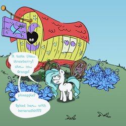 Size: 1600x1600 | Tagged: safe, artist:dreadcoffins, oc, oc only, oc:teal swirl, pony, unicorn, ask teal swirl, eating, poison joke, solo, trixie's wagon, tumblr