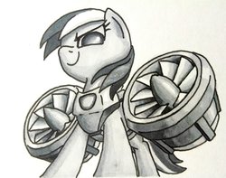 Size: 1024x808 | Tagged: safe, artist:dynamiclines, rainbow dash, g4, female, jet engine, monochrome, solo, traditional art